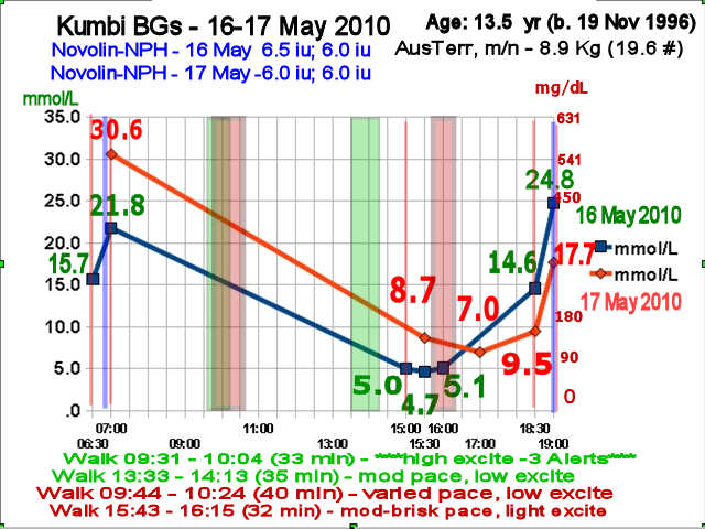 Kumbi's glucose readings. 16-17 May 2010